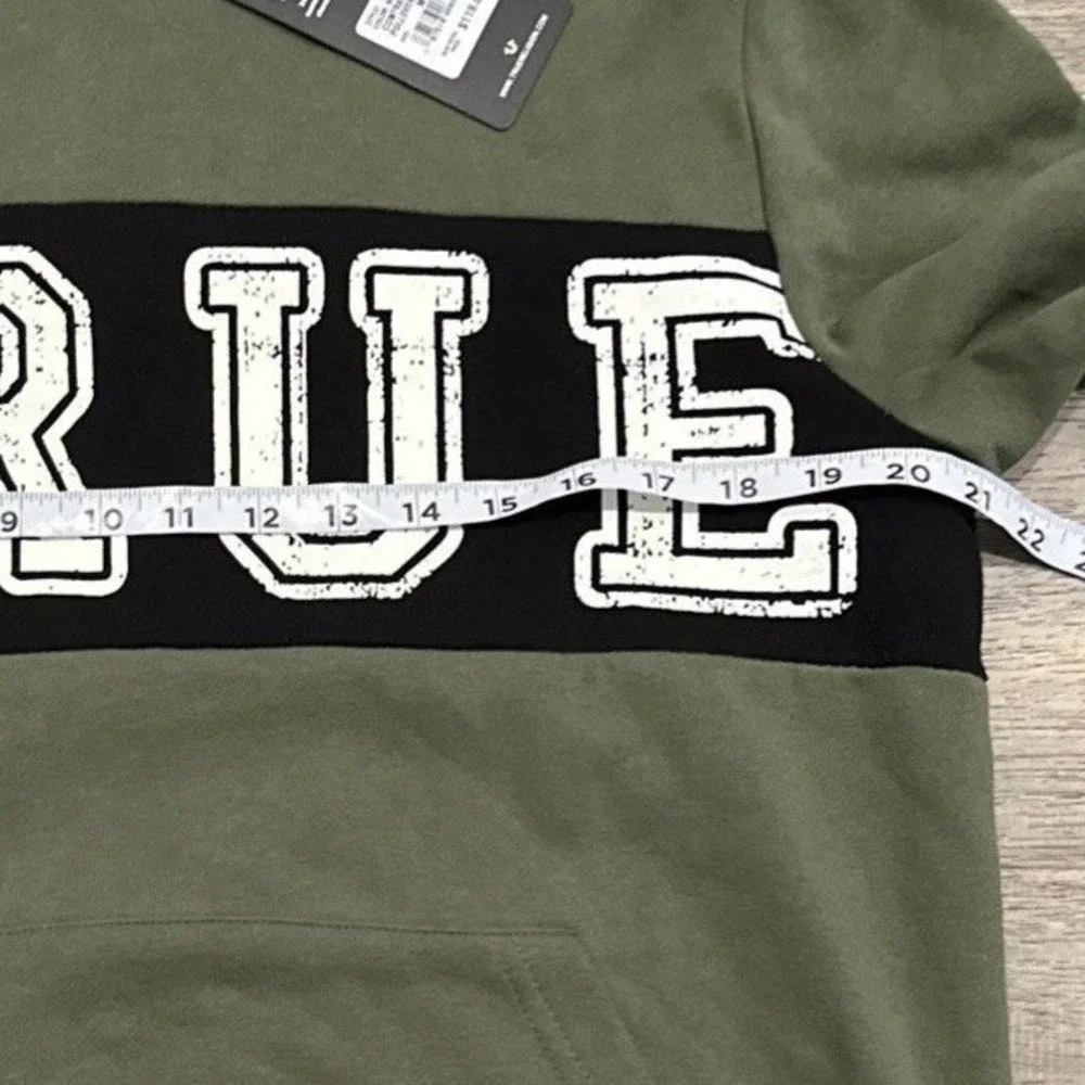 True Religion Contrast Panel Hoodie Mens M Bronze Green Logo Pullover NWT $119